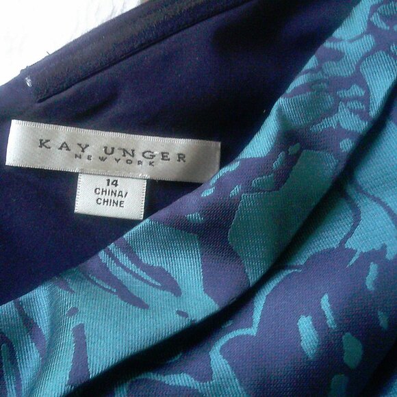 Kay Unger One Shoulder Navy Aqua Floral Walk Thru Jumpsuit Dress 14 - Picture 10 of 12